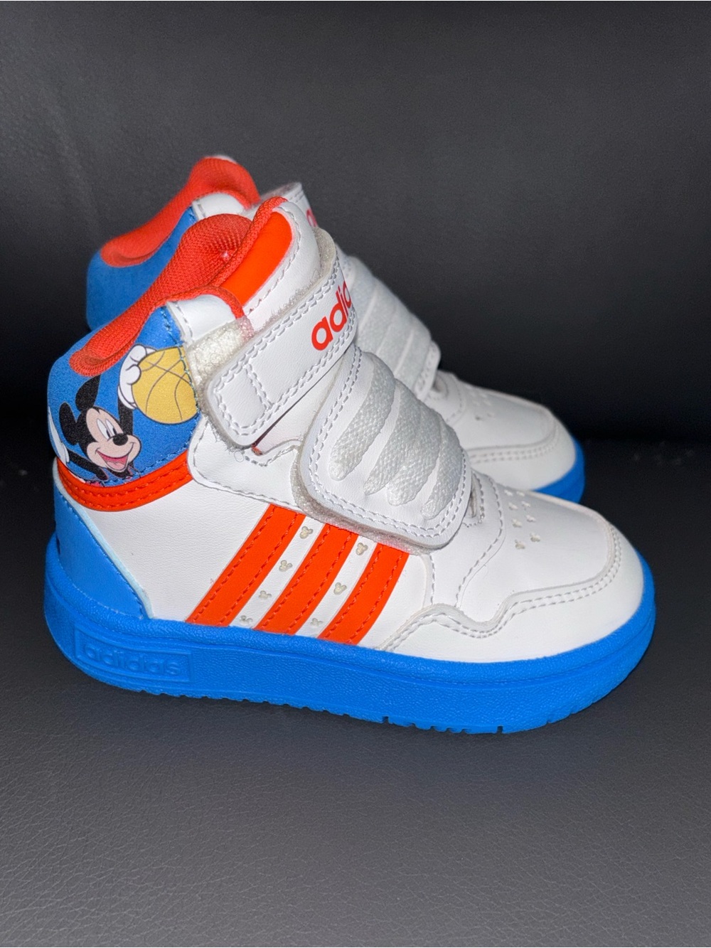 Disney adidas Kids White, Blue & Orange High-Top Sneakers with Mickey Graphic